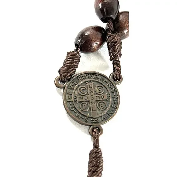 Catholic St Benedict Rosary Wooden Beads Metal Crucifix INRI 20” - Picture 5 of 6